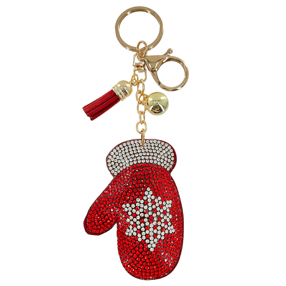 Decorative Rhinestone Bag Charm Keychain with Tassel - Christmas Mitten