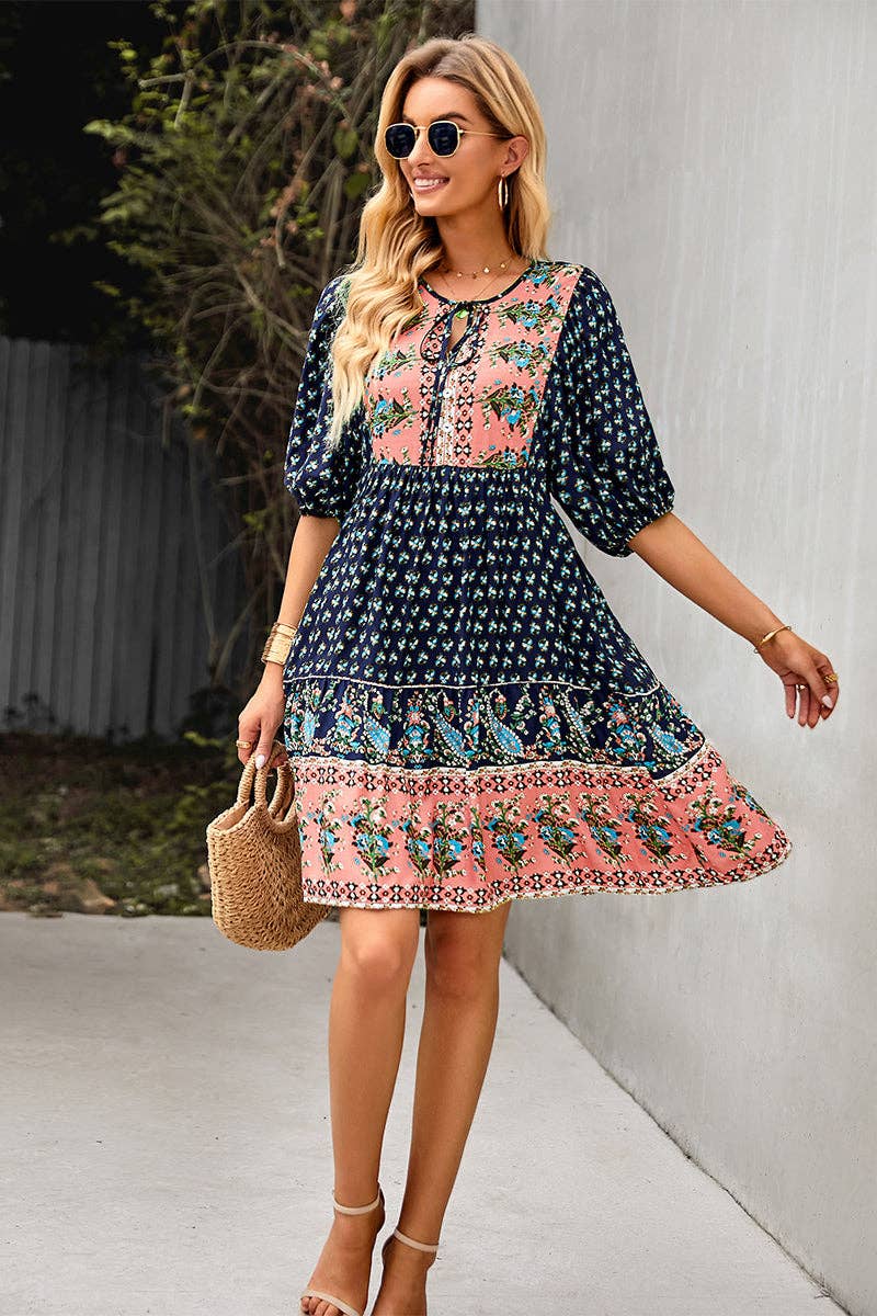 A066 Drawstring Half Puff Sleeve Floral Swing Short Dress - The Country Rabbit Gifts & Décor