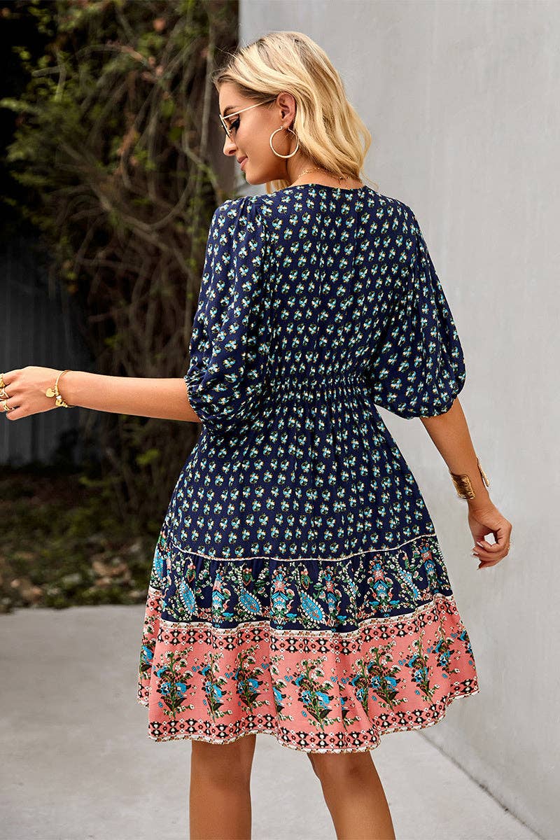 A066 Drawstring Half Puff Sleeve Floral Swing Short Dress - The Country Rabbit Gifts & Décor