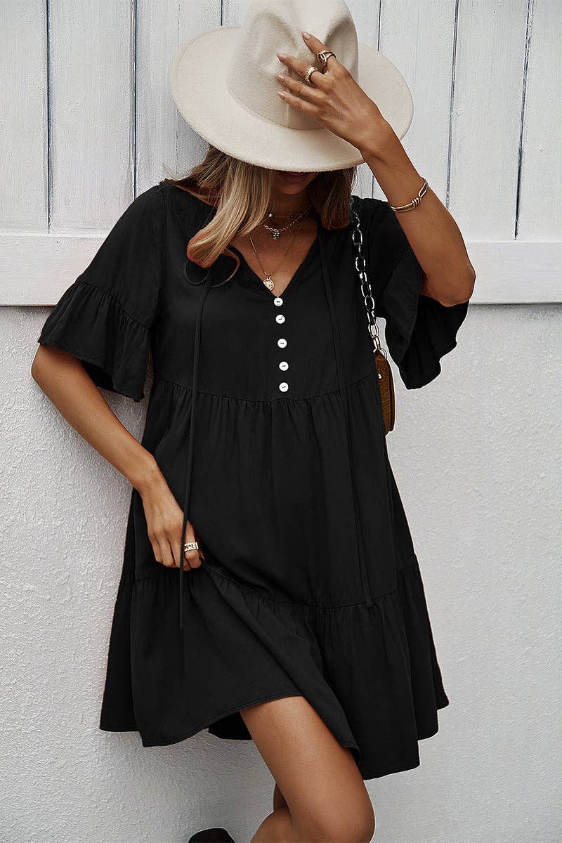 A070 Dress Black Tiered Loose Fit White Buttons V - Neck Drawstring - The Country Rabbit Gifts & Décor