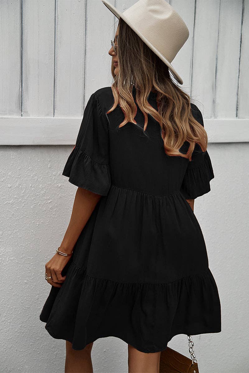 A070 Dress Black Tiered Loose Fit White Buttons V - Neck Drawstring - The Country Rabbit Gifts & Décor