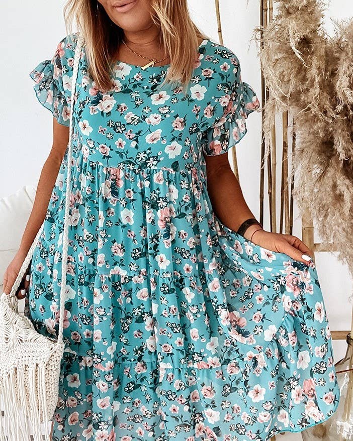 A094 Dress - Floral - Crew Neck - Short Ruffle Sleeves - Tiered - The Country Rabbit Gifts & Décor