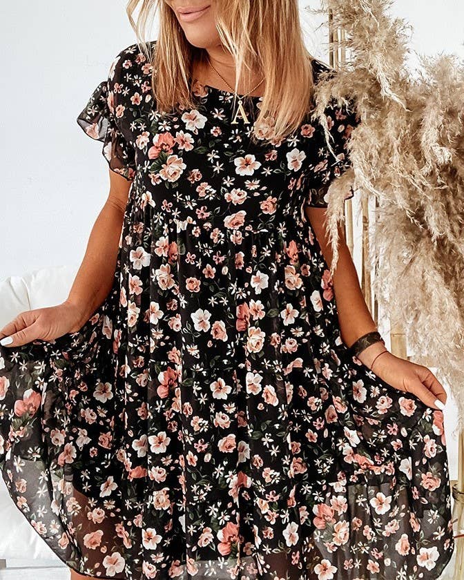 A094 Dress - Floral - Crew Neck - Short Ruffle Sleeves - Tiered - The Country Rabbit Gifts & Décor