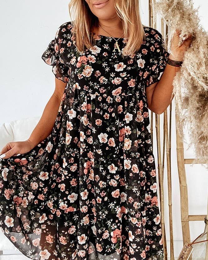 A094 Dress - Floral - Crew Neck - Short Ruffle Sleeves - Tiered - The Country Rabbit Gifts & Décor