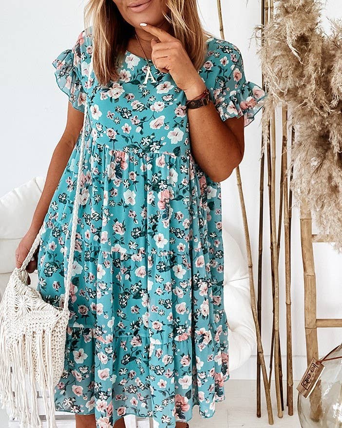 A094 Dress - Floral - Crew Neck - Short Ruffle Sleeves - Tiered - The Country Rabbit Gifts & Décor