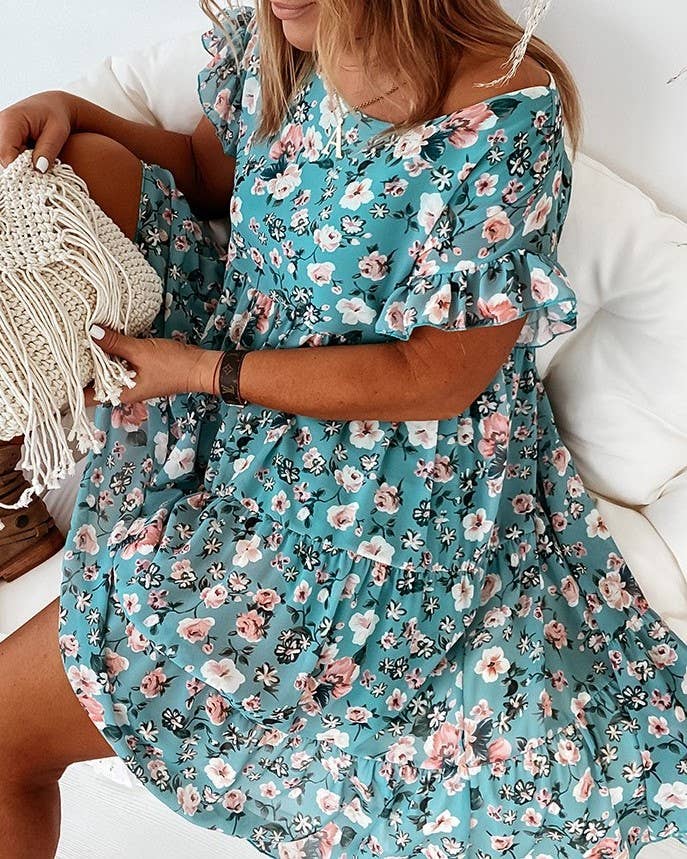 A094 Dress - Floral - Crew Neck - Short Ruffle Sleeves - Tiered - The Country Rabbit Gifts & Décor