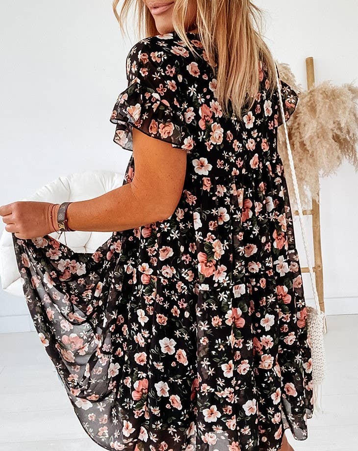 A094 Dress - Floral - Crew Neck - Short Ruffle Sleeves - Tiered - The Country Rabbit Gifts & Décor