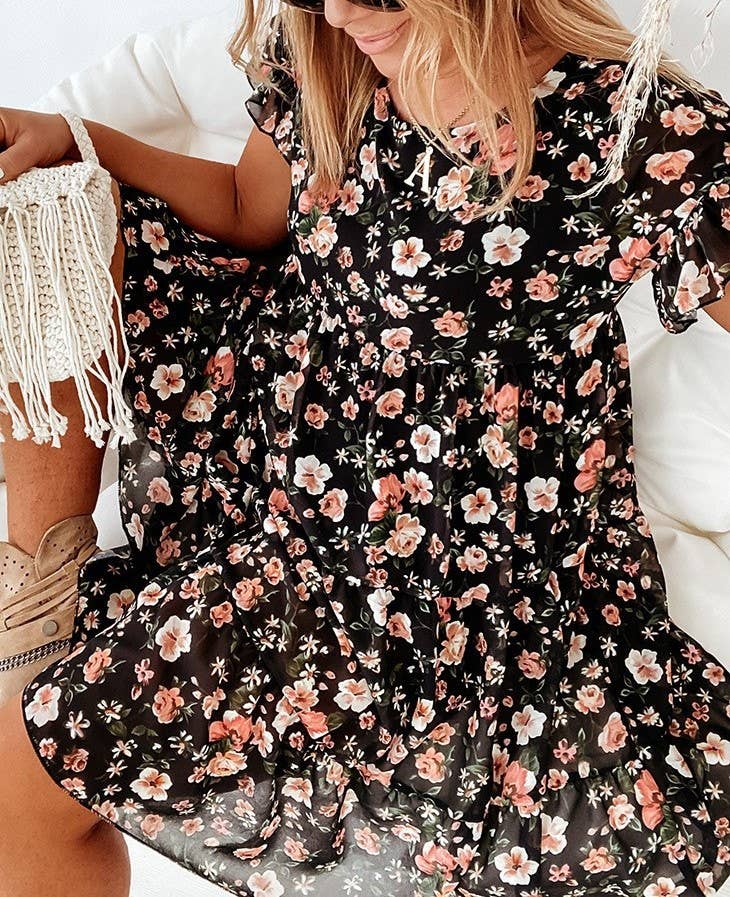 A094 Dress - Floral - Crew Neck - Short Ruffle Sleeves - Tiered - The Country Rabbit Gifts & Décor