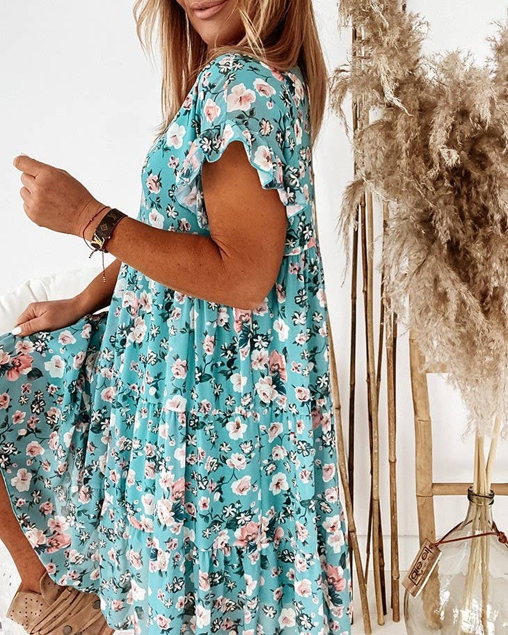 A094 Dress - Floral - Crew Neck - Short Ruffle Sleeves - Tiered - The Country Rabbit Gifts & Décor
