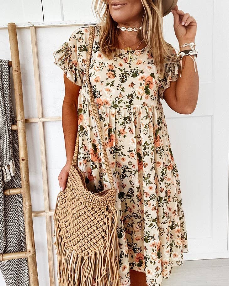 A094 Dress - Floral - Crew Neck - Short Ruffle Sleeves - Tiered - The Country Rabbit Gifts & Décor
