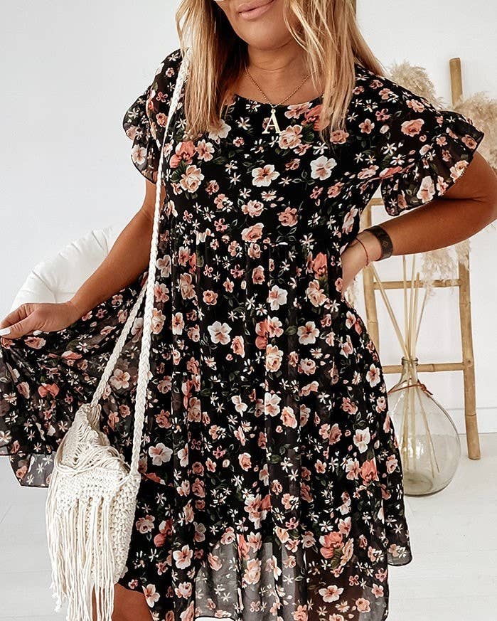 A094 Dress - Floral - Crew Neck - Short Ruffle Sleeves - Tiered - The Country Rabbit Gifts & Décor