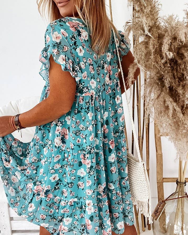 A094 Dress - Floral - Crew Neck - Short Ruffle Sleeves - Tiered - The Country Rabbit Gifts & Décor