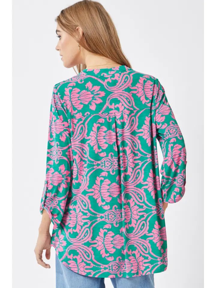 A122 Blouse | Lizzy Wrinkle Free | Emerald and Pink - The Country Rabbit Gifts & Décor