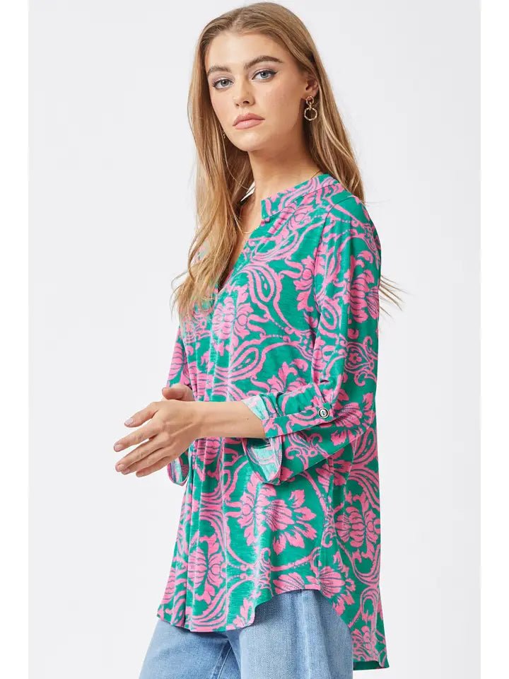 A122 Blouse | Lizzy Wrinkle Free | Emerald and Pink - The Country Rabbit Gifts & Décor