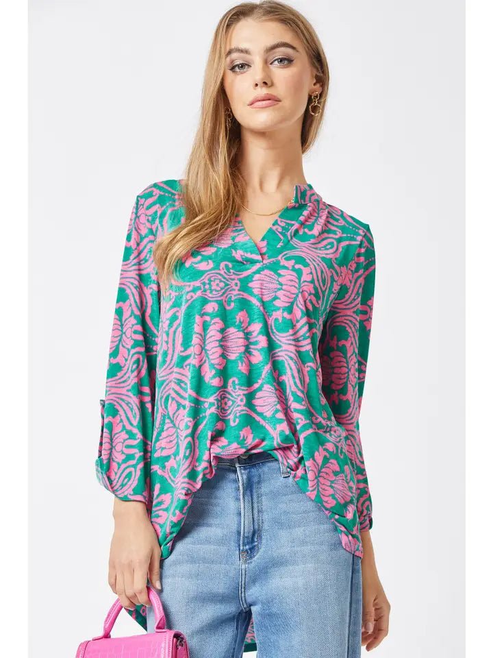 A122 Blouse | Lizzy Wrinkle Free | Emerald and Pink - The Country Rabbit Gifts & Décor