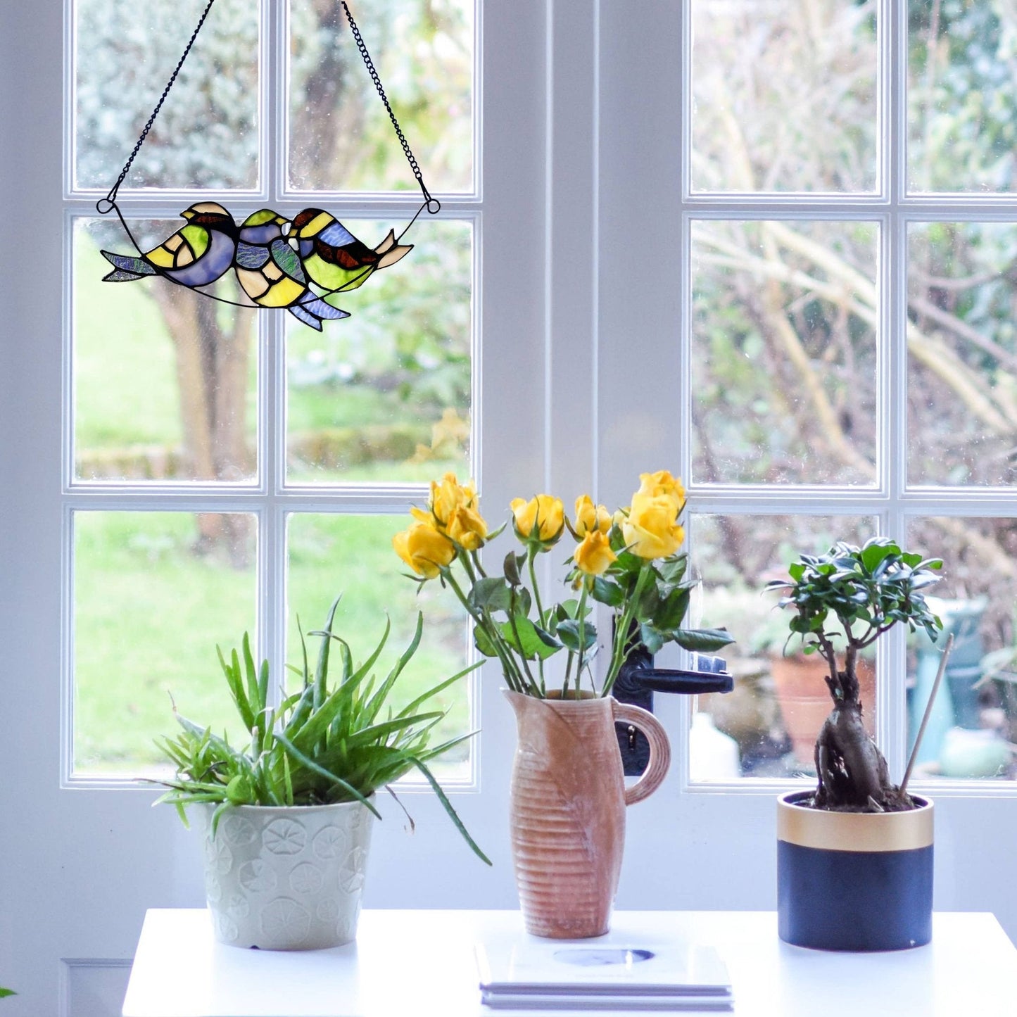 A200 Stained Glass Window Hang | Three Birds Perched on a Branch - The Country Rabbit Gifts & Décor