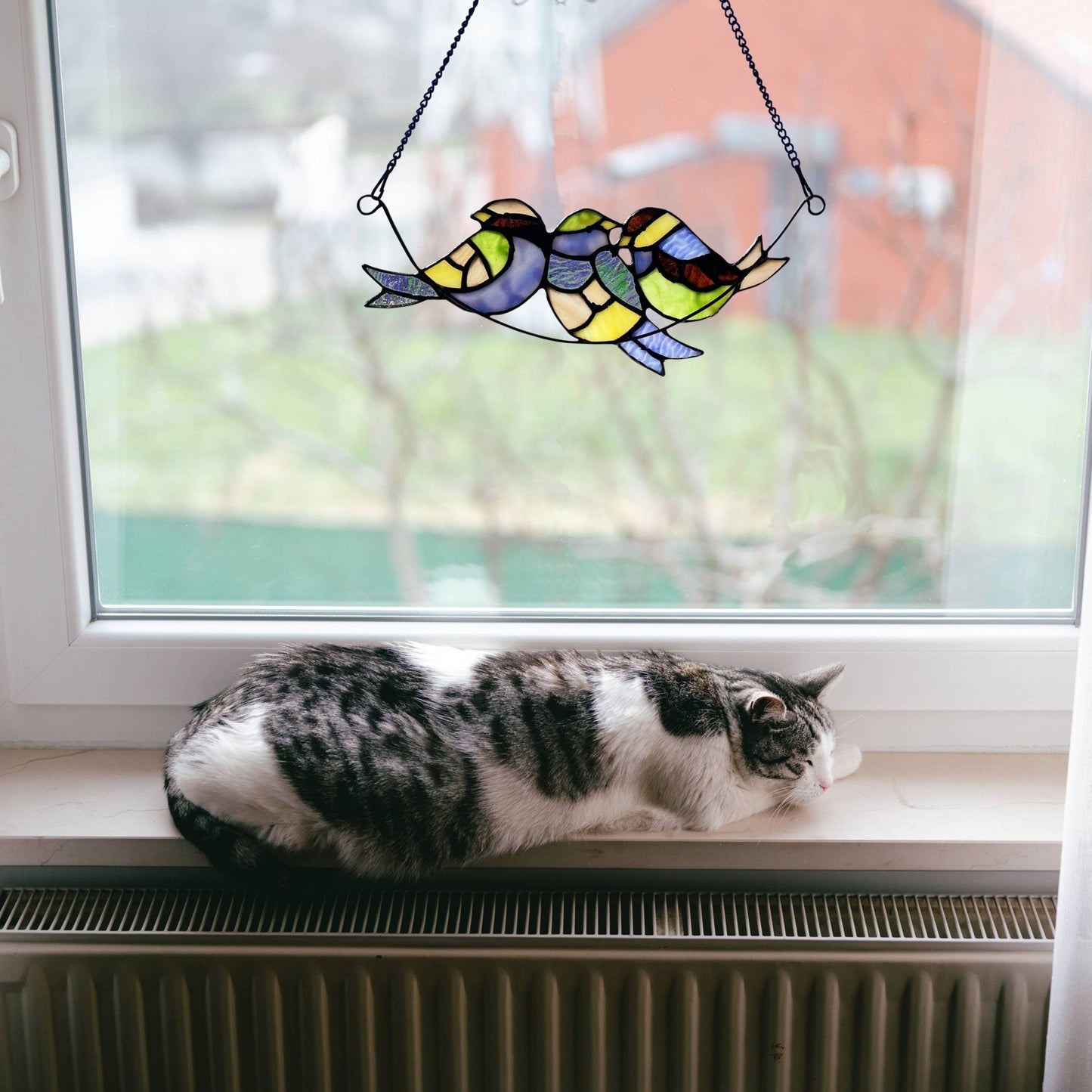 A200 Stained Glass Window Hang | Three Birds Perched on a Branch - The Country Rabbit Gifts & Décor