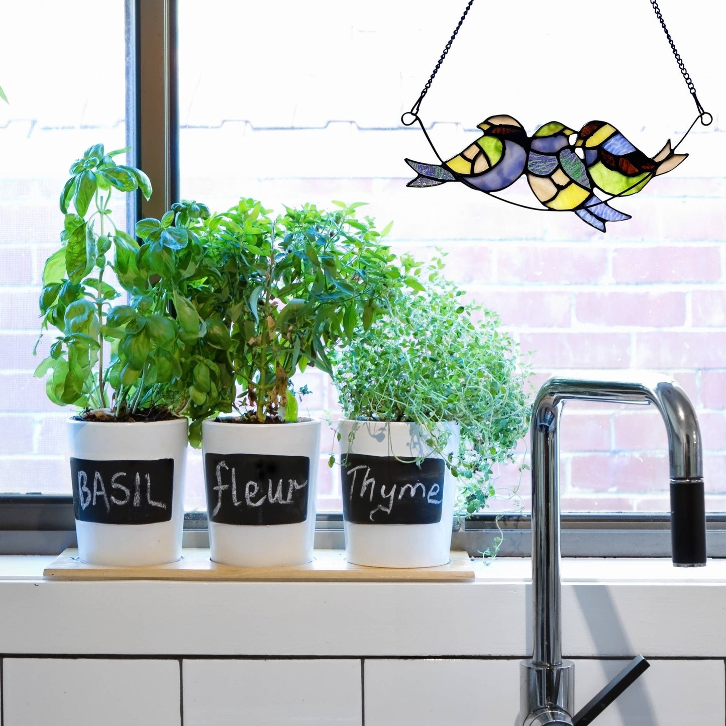 A200 Stained Glass Window Hang | Three Birds Perched on a Branch - The Country Rabbit Gifts & Décor