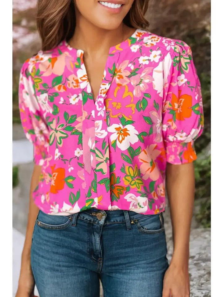 A231 Blouse - Pink Floral - Split V - Neck - Smocked Short Puffy Sleeves - The Country Rabbit Gifts & Décor
