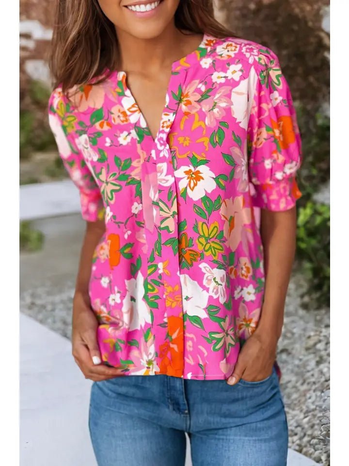 A231 Blouse - Pink Floral - Split V - Neck - Smocked Short Puffy Sleeves - The Country Rabbit Gifts & Décor