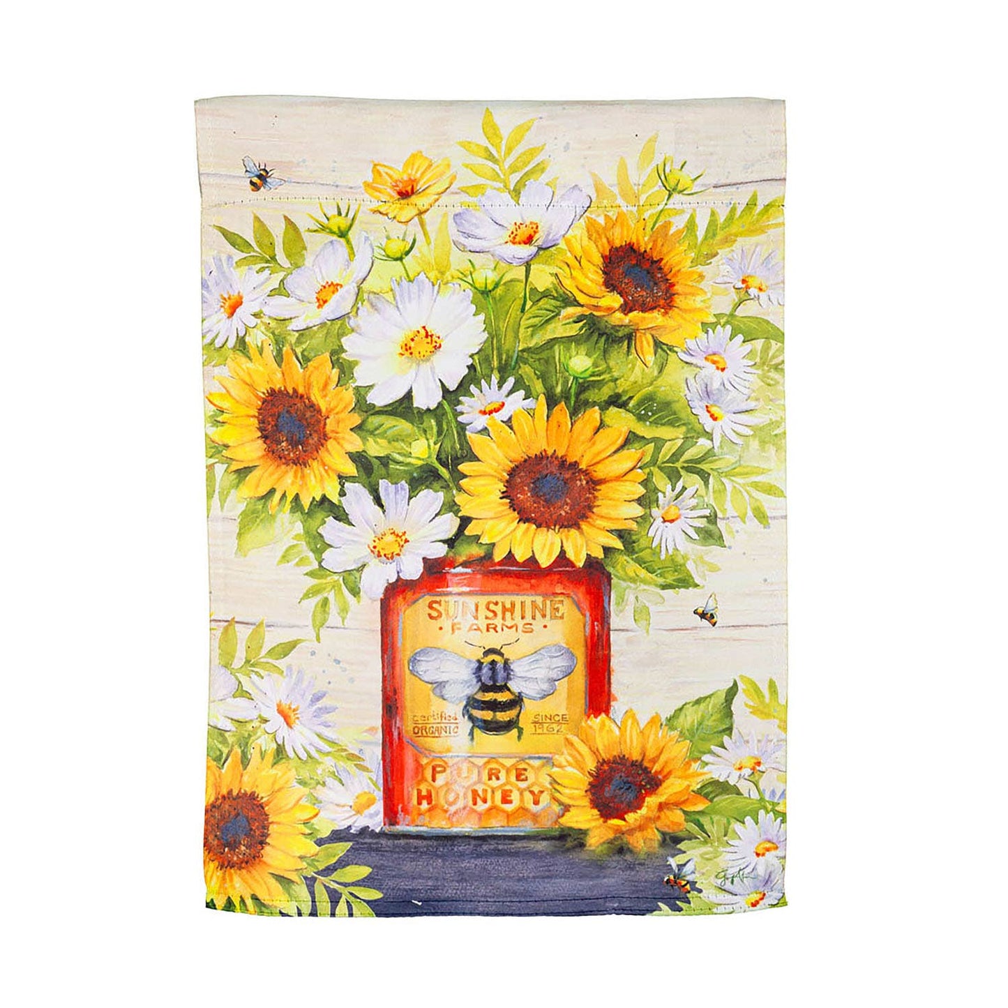 A378 Garden Flag - Honey Bee Tin with Sunflowers and Cosmos - Suede - The Country Rabbit Gifts & Décor