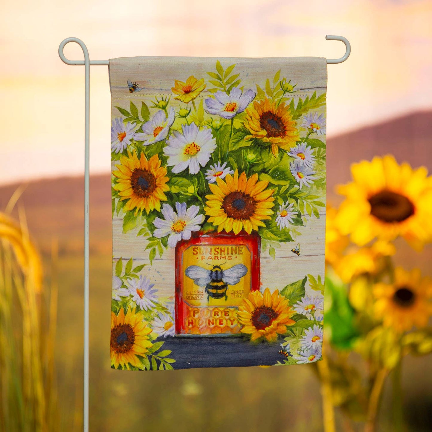 A378 Garden Flag - Honey Bee Tin with Sunflowers and Cosmos - Suede - The Country Rabbit Gifts & Décor