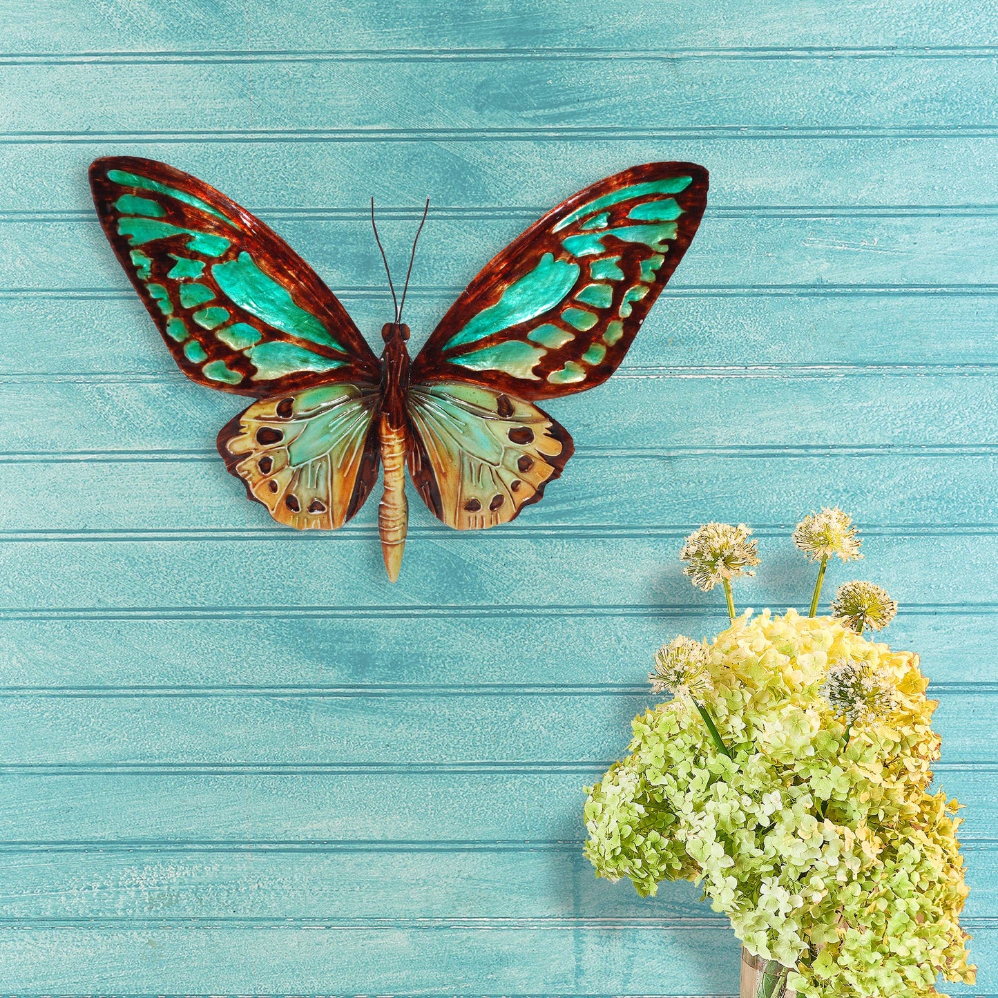 A380 Butterfly Wall Décor | Metal and Capiz | Shades of Aqua, Golds and Browns - The Country Rabbit Gifts & Décor