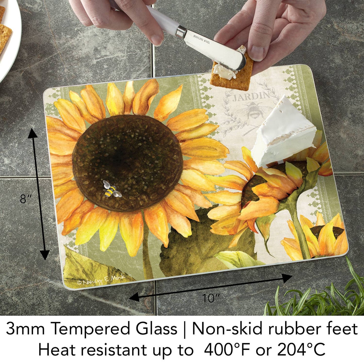 A445 Glass Counter Saver | Cutting Board 10" x 8" | Sunflowers in Bloom | Bee - The Country Rabbit Gifts & Décor
