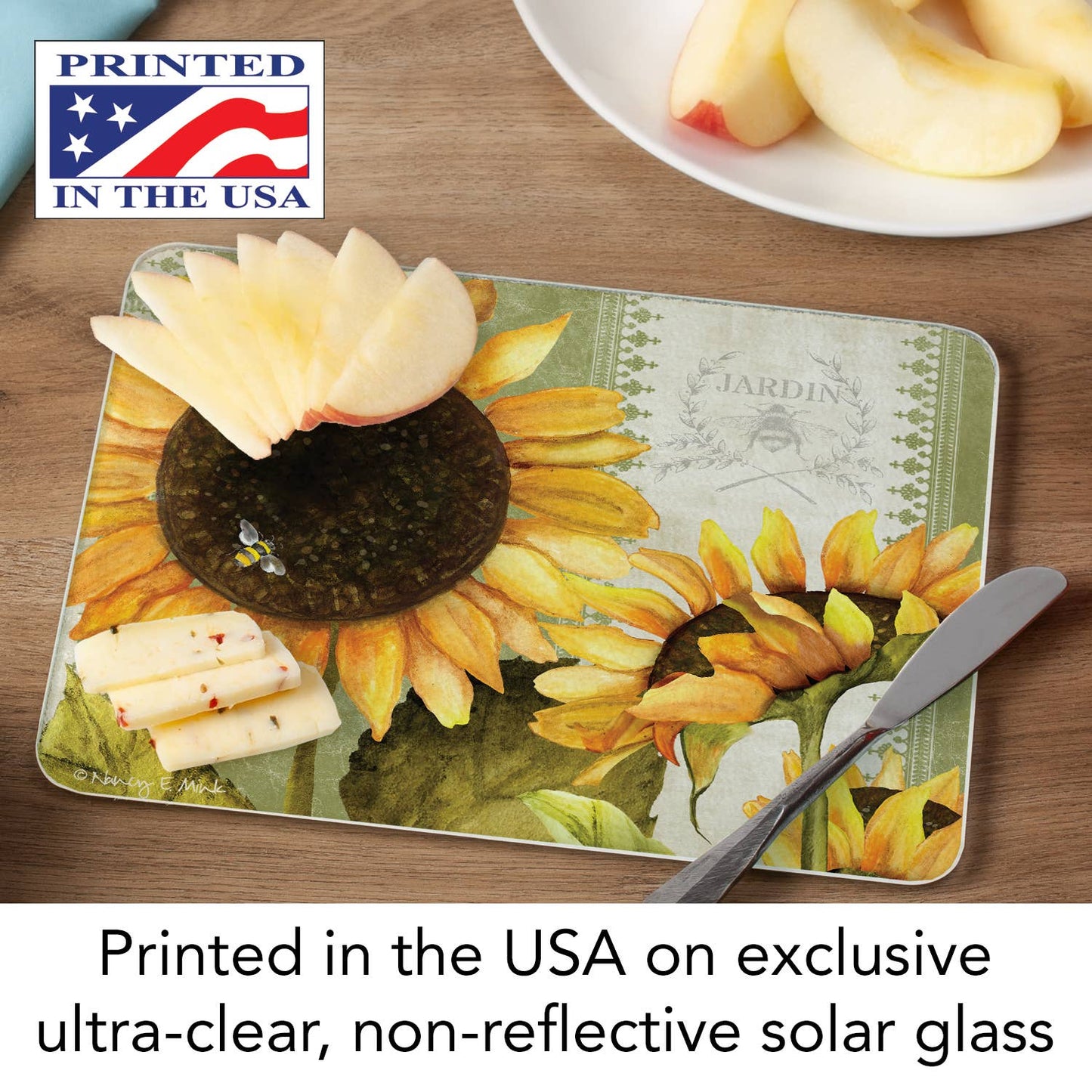 A445 Glass Counter Saver | Cutting Board 10" x 8" | Sunflowers in Bloom | Bee - The Country Rabbit Gifts & Décor