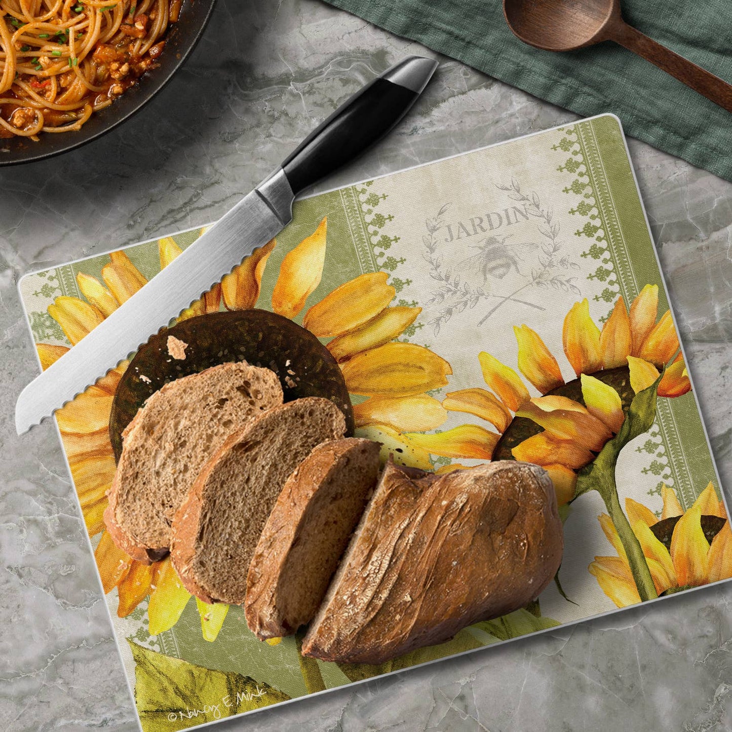 A445 Glass Counter Saver | Cutting Board 10" x 8" | Sunflowers in Bloom | Bee - The Country Rabbit Gifts & Décor