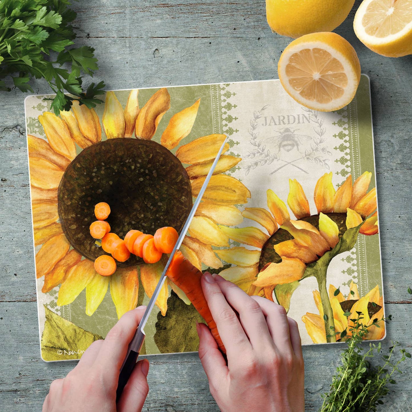 A445 Glass Counter Saver | Cutting Board 10" x 8" | Sunflowers in Bloom | Bee - The Country Rabbit Gifts & Décor