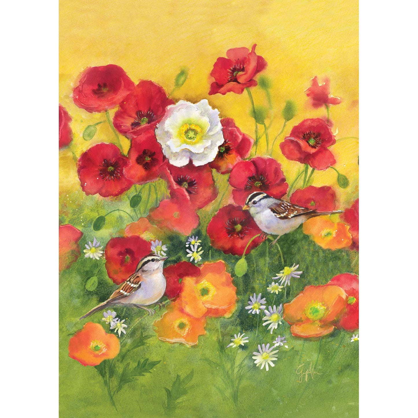 A480 Garden Flag | Poppy Fields | Waffle Material | Red White Orange Poppies and Chickadee Birds - The Country Rabbit Gifts & Décor