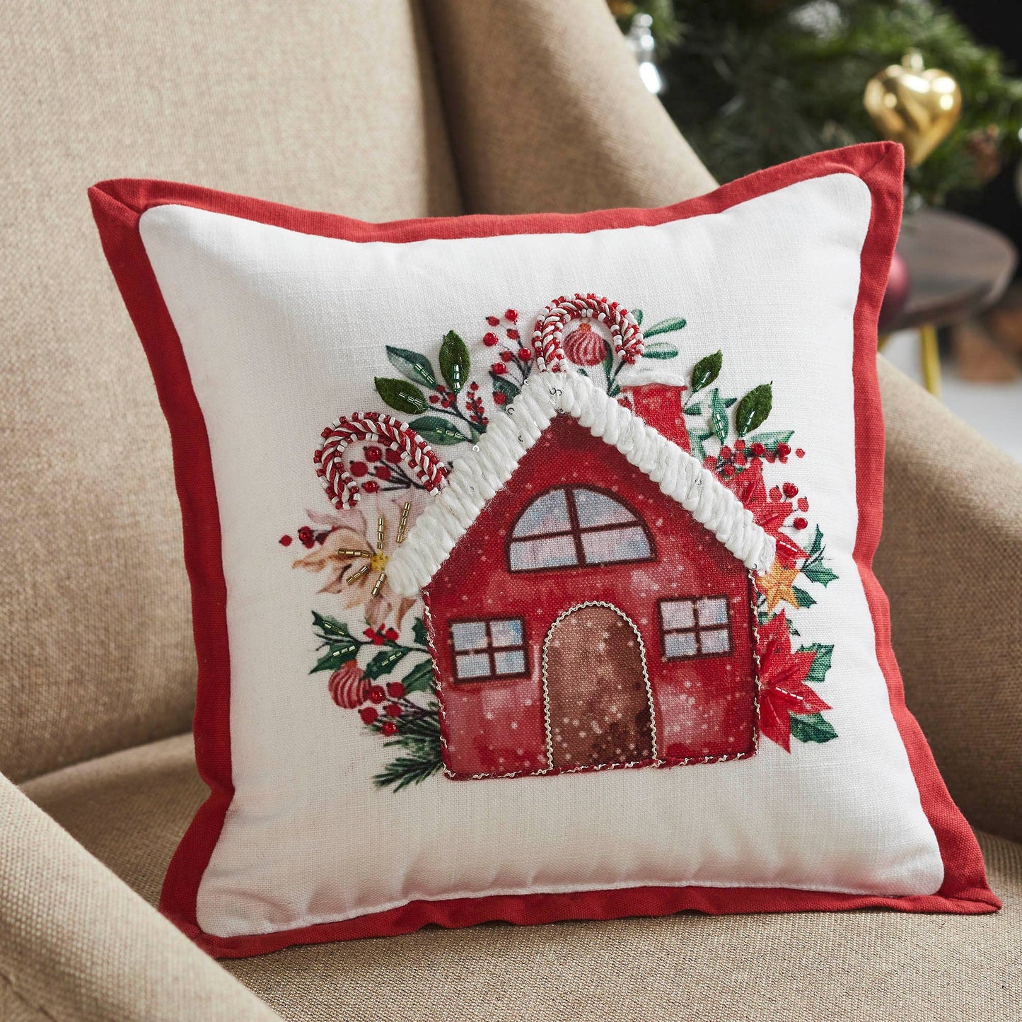 A513 Decorative Christmas Pillow | Candy Cane Cottage Pillow | 12x12 - The Country Rabbit Gifts & Décor