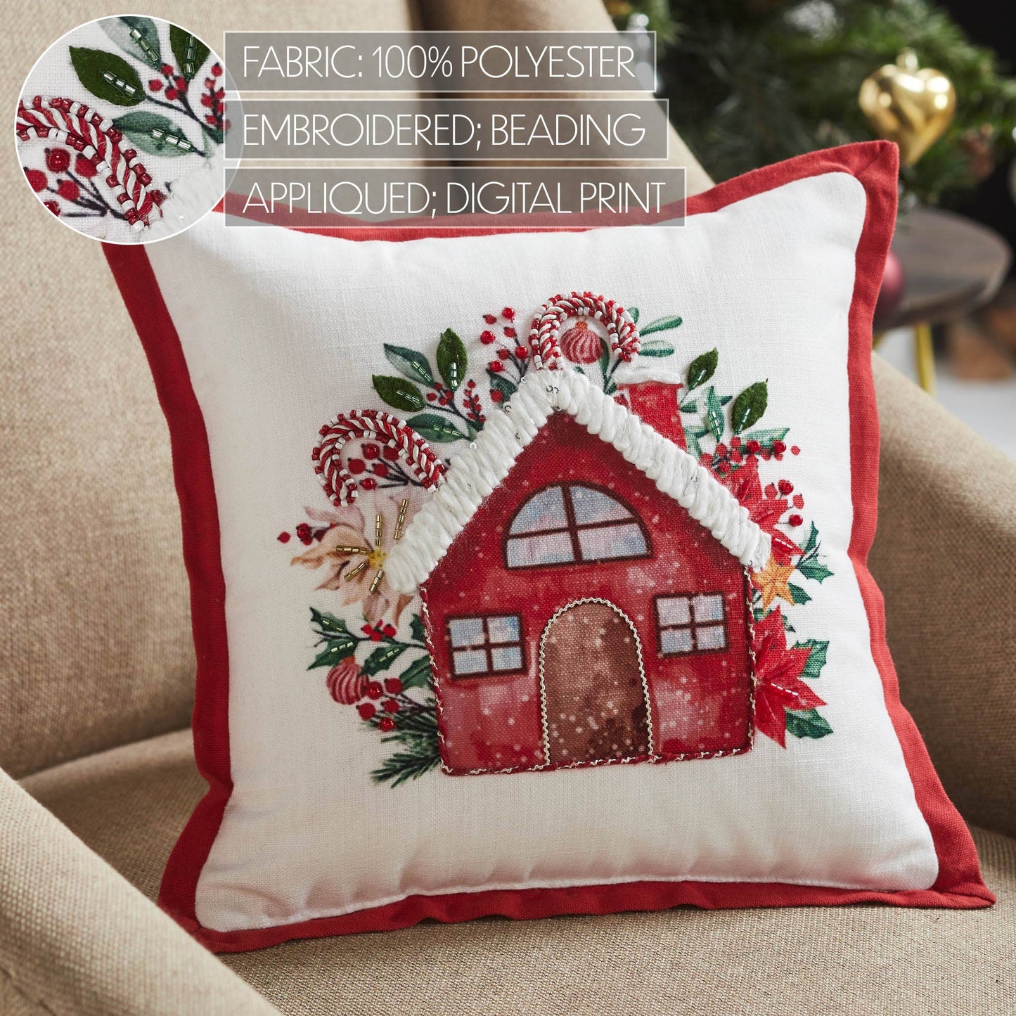 A513 Decorative Christmas Pillow | Candy Cane Cottage Pillow | 12x12 - The Country Rabbit Gifts & Décor