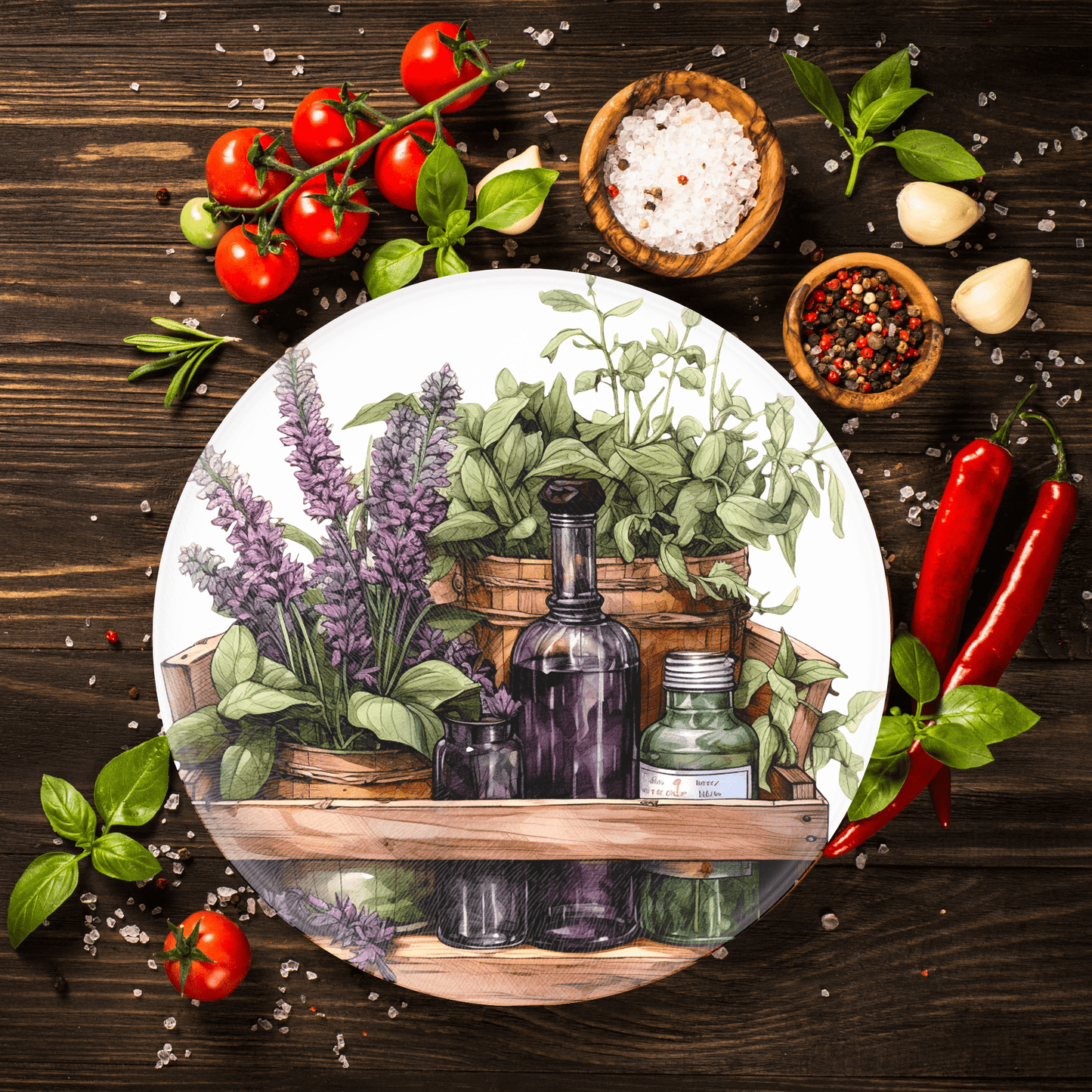 Apothecary Bottle Charcuterie Glass Cutting Board with Herbs 8 Inch - The Country Rabbit Gifts & Décor