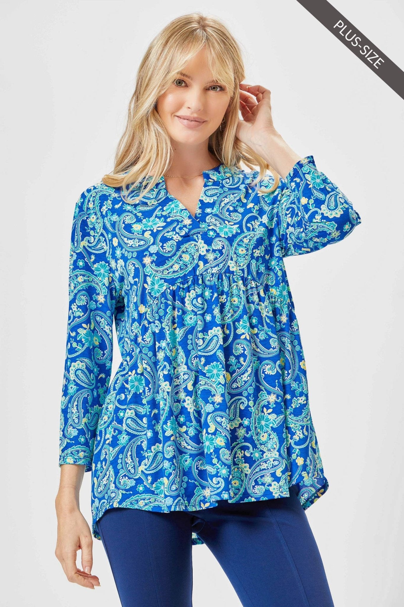 Blue Paisley Blouse with a Lizzy Neckline, Plus Sizes, Poly Blend, Wrinkle Free - The Country Rabbit Gifts & Décor