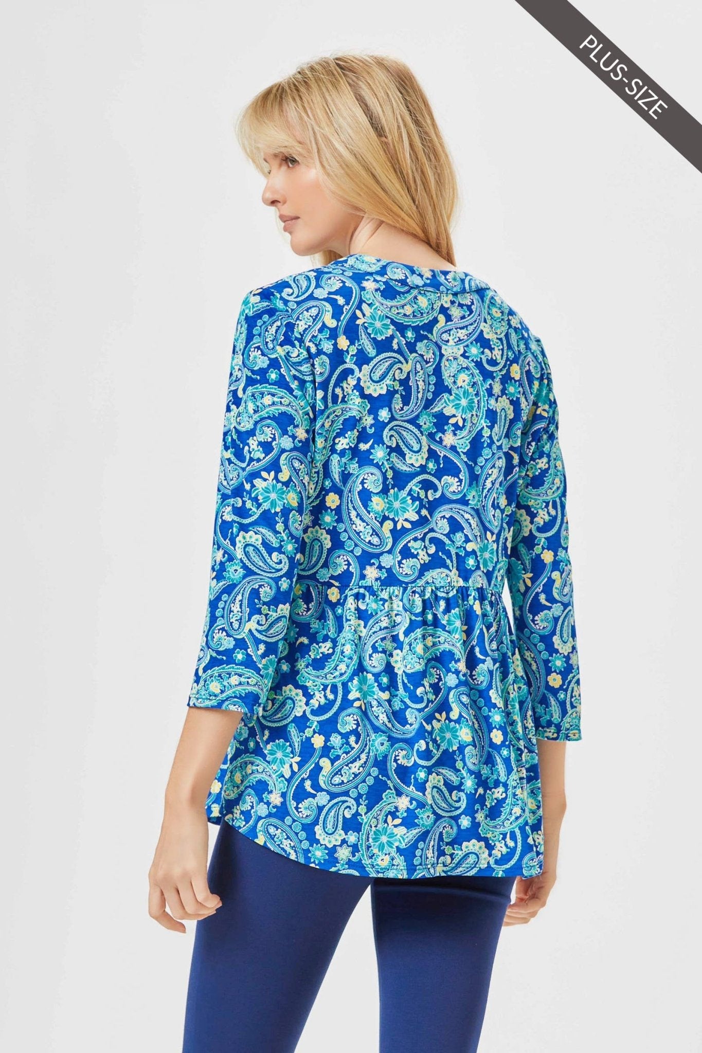 Blue Paisley Blouse with a Lizzy Neckline, Plus Sizes, Poly Blend, Wrinkle Free - The Country Rabbit Gifts & Décor