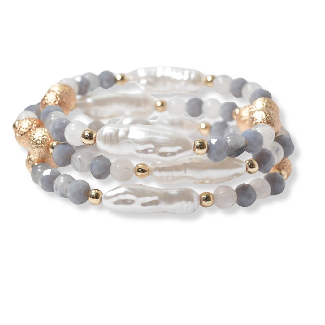 Bracelet | Freshwater Pearl Three Layered Glass Bead Stretch Bracelet - The Country Rabbit Gifts & Décor