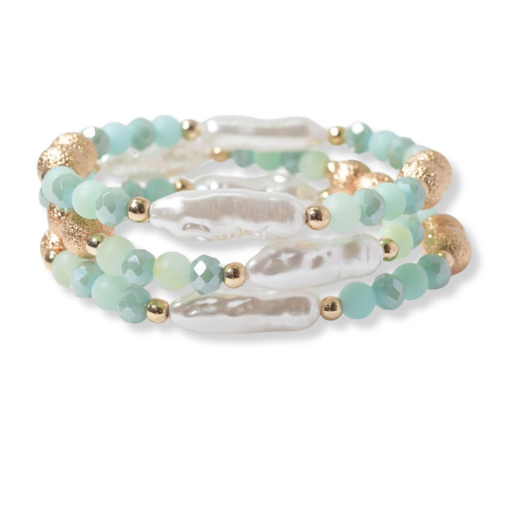 Bracelet | Freshwater Pearl Three Layered Glass Bead Stretch Bracelet - The Country Rabbit Gifts & Décor