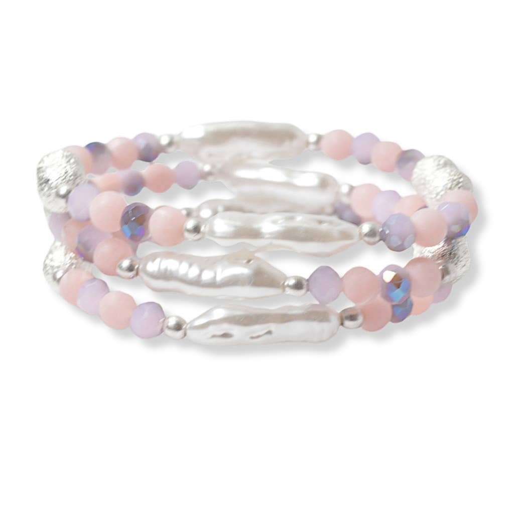 Bracelet | Freshwater Pearl Three Layered Glass Bead Stretch Bracelet - The Country Rabbit Gifts & Décor