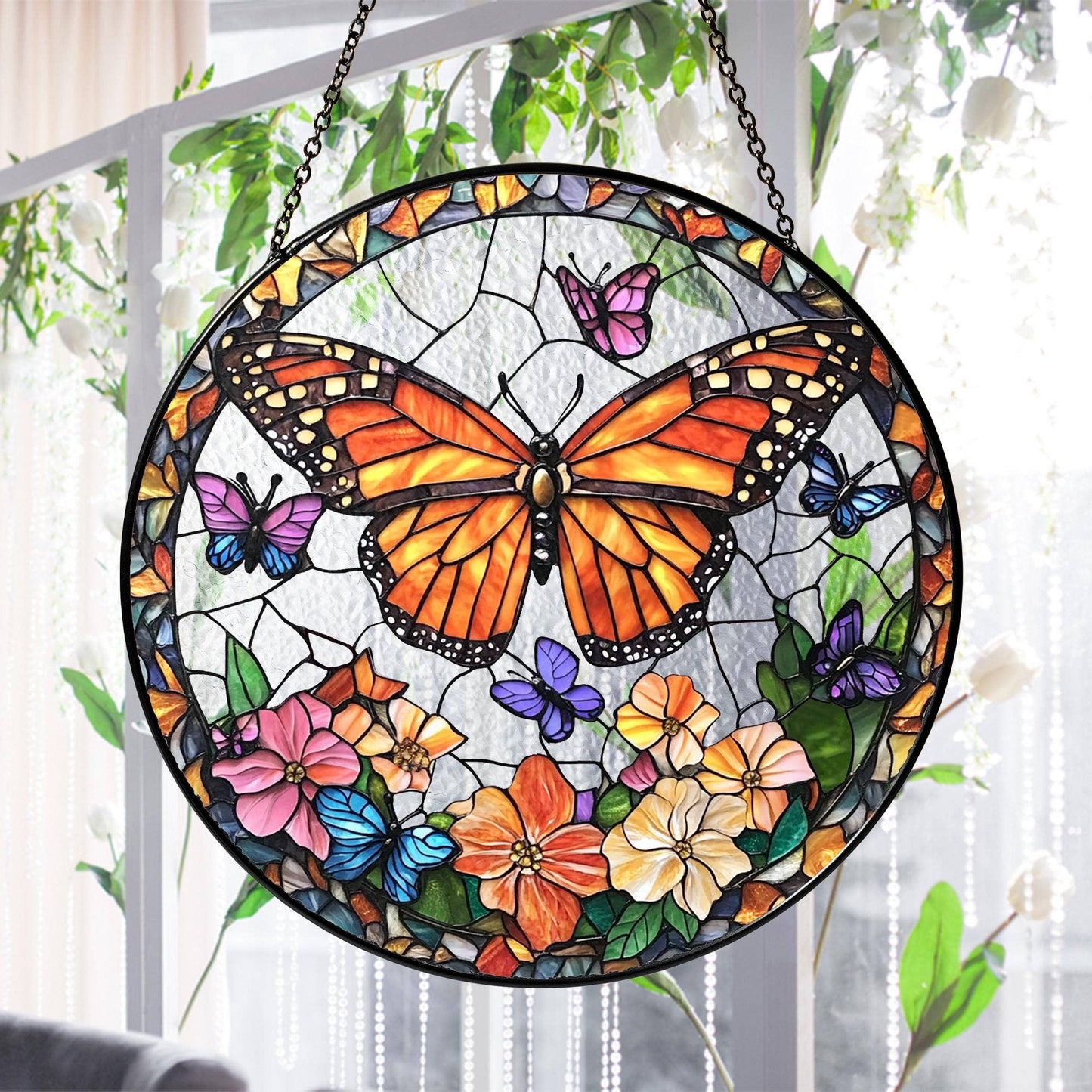 Butterflies and Flowers Stained Glass Suncatcher Window Hang - The Country Rabbit Gifts & Décor