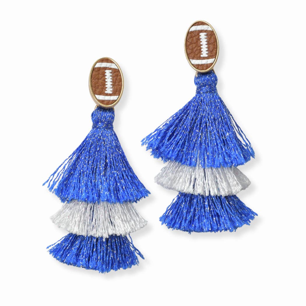 Earrings | Football Post Triple Tassel Dangle Earrings in Glitter Royal Blue and White - The Country Rabbit Gifts & Décor