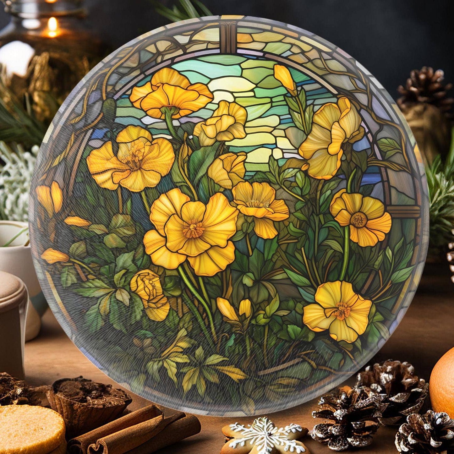Floral Tempered Glass Charcuterie/Cheese Board 8 Inch - The Country Rabbit Gifts & Décor