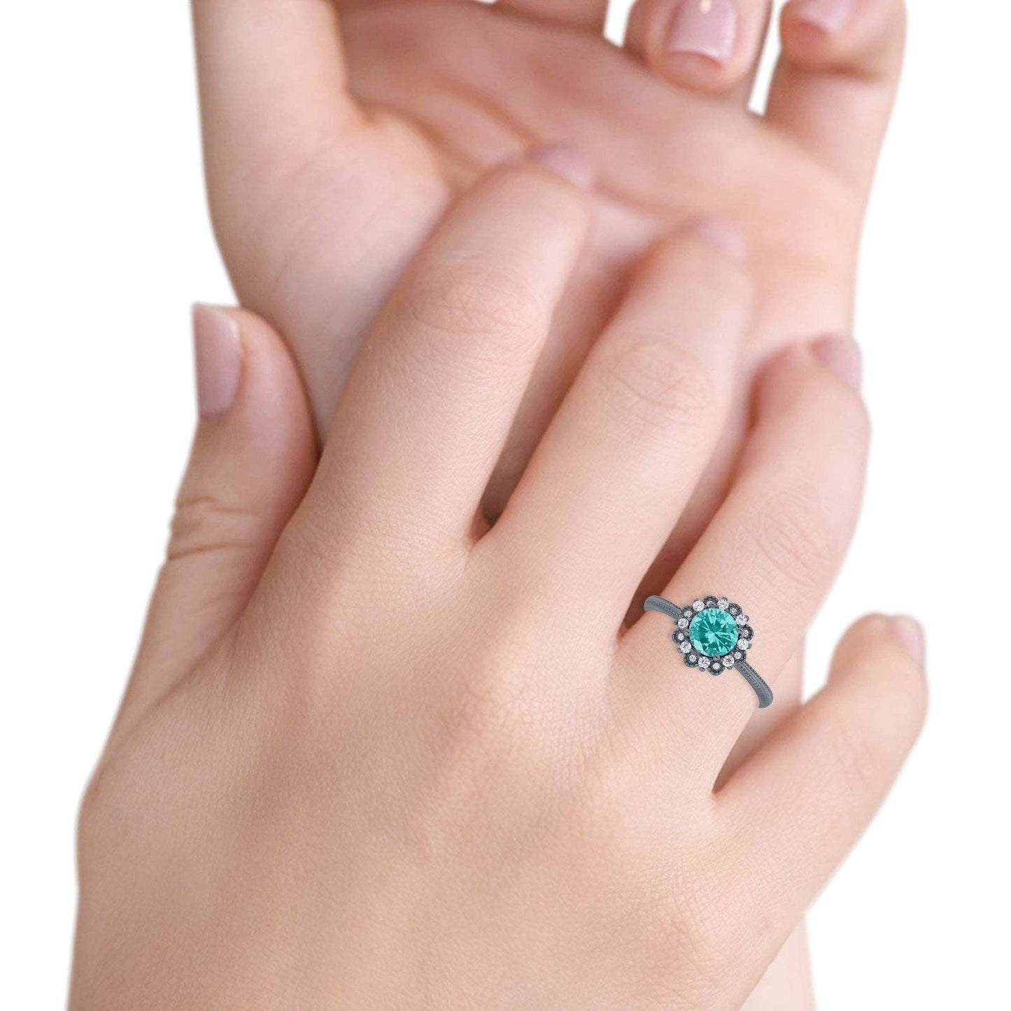 Halo Floral Style Art Deco Round Black Tone, Simulated Paraiba Tourmaline CZ Ring - The Country Rabbit Gifts & Décor