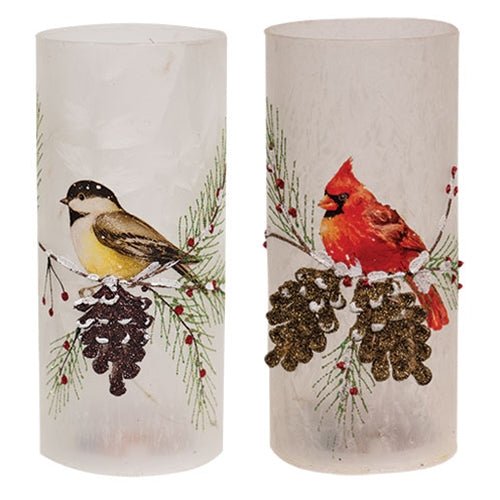 LED Frosted Winter Bird Glass Pillar - The Country Rabbit Gifts & Décor
