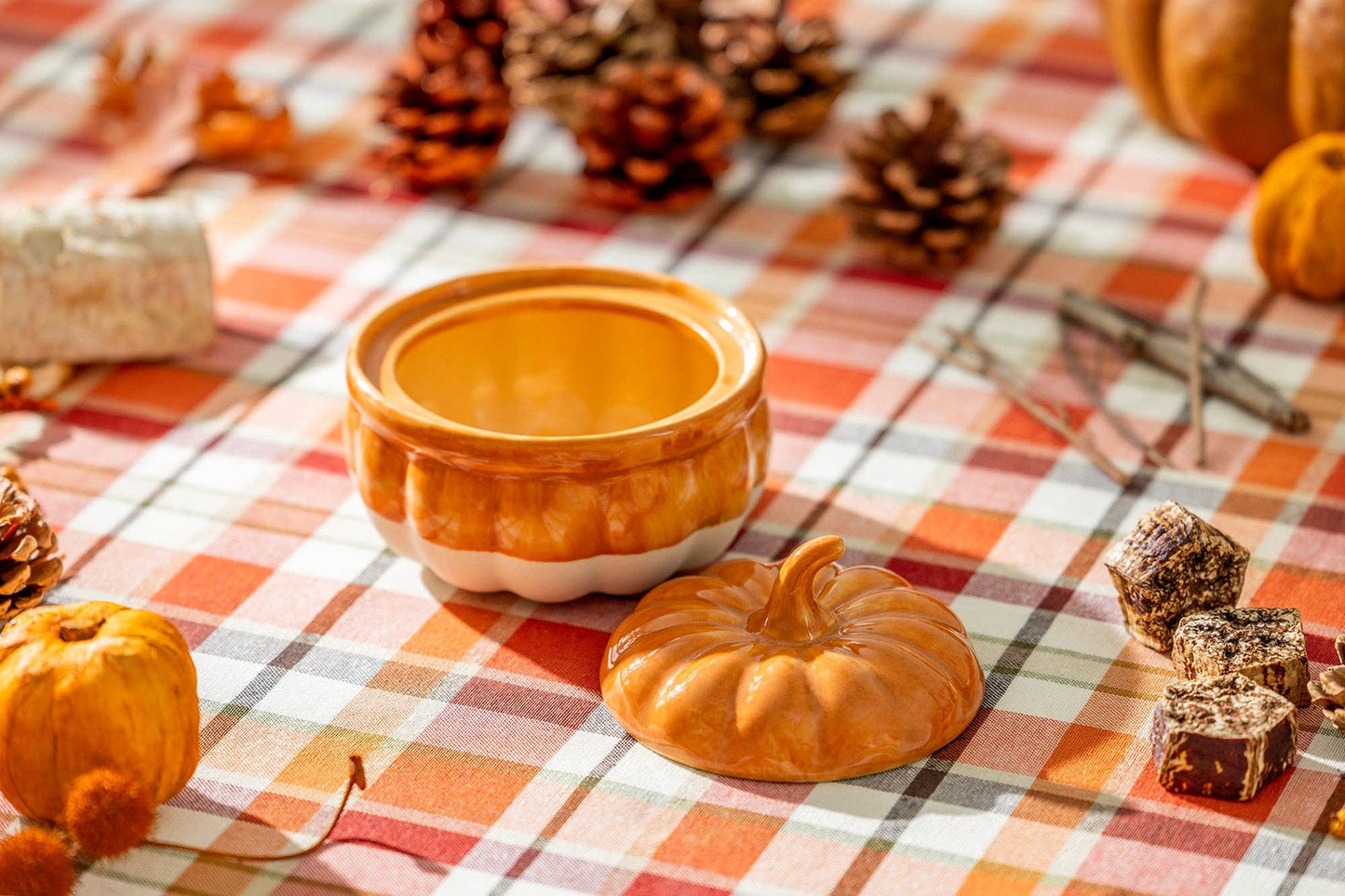 Orange Pumpkin Figural 4.75" Reactive Glaze Bowl with Lid - The Country Rabbit Gifts & Décor