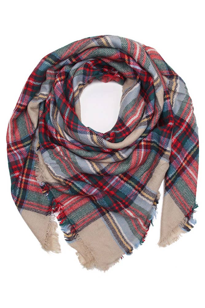 Oversize Plaid Winter Wrap Scarf in Beige Red and Green - The Country Rabbit Gifts & Décor