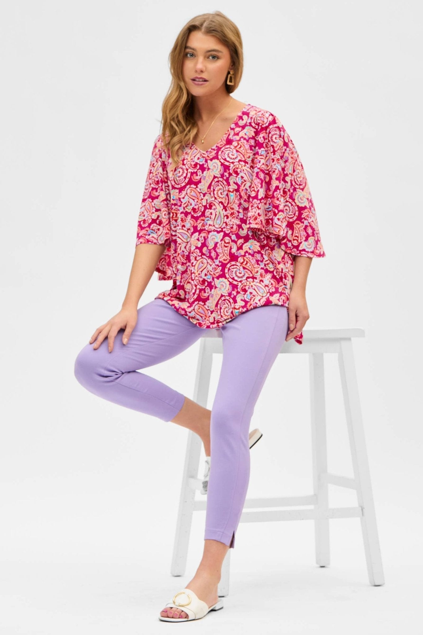 Paisley Print Half Bell Sleeves V Neck Top in Fuchsia - The Country Rabbit Gifts & Décor