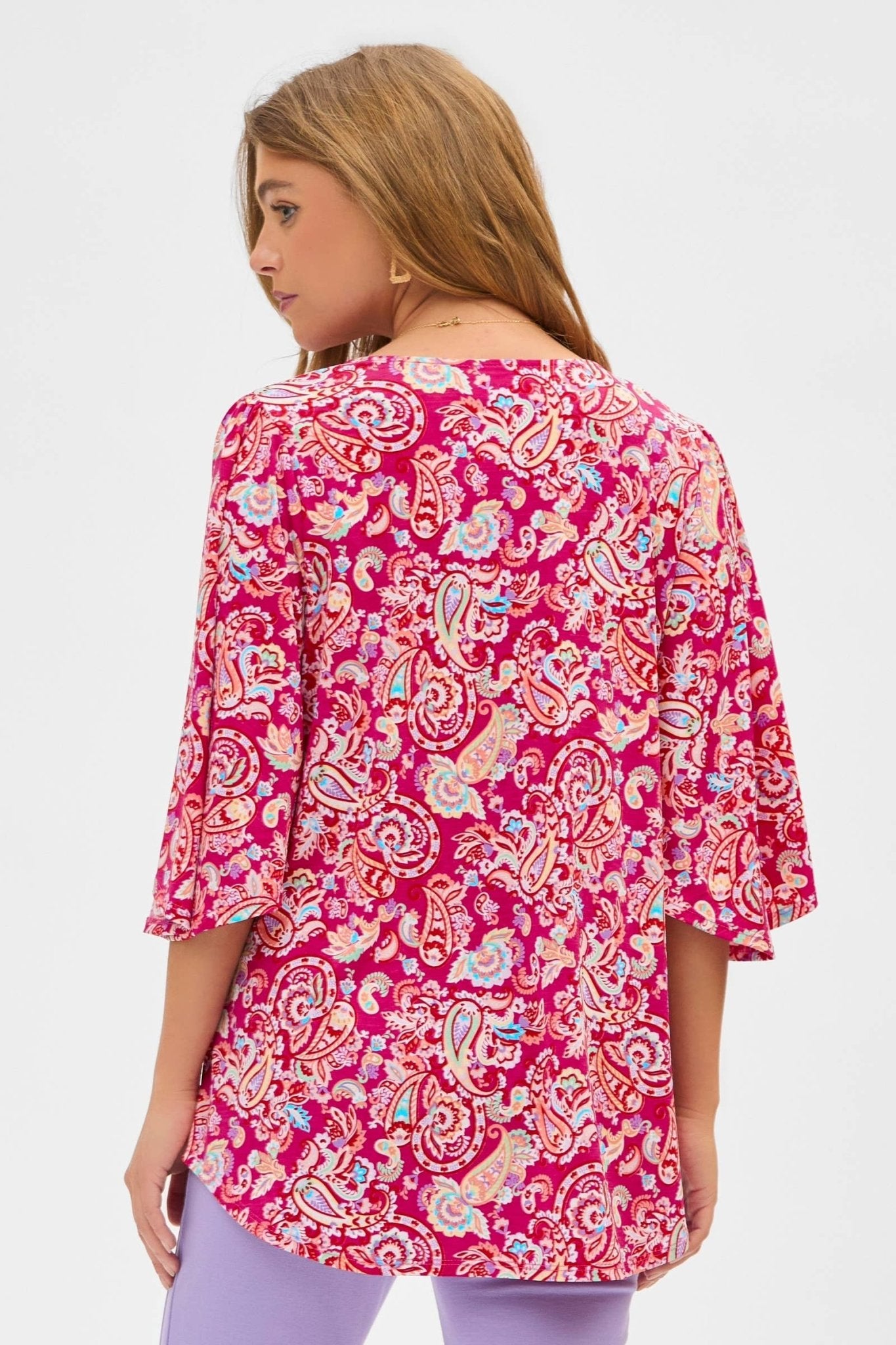 Paisley Print Half Bell Sleeves V Neck Top in Fuchsia - The Country Rabbit Gifts & Décor