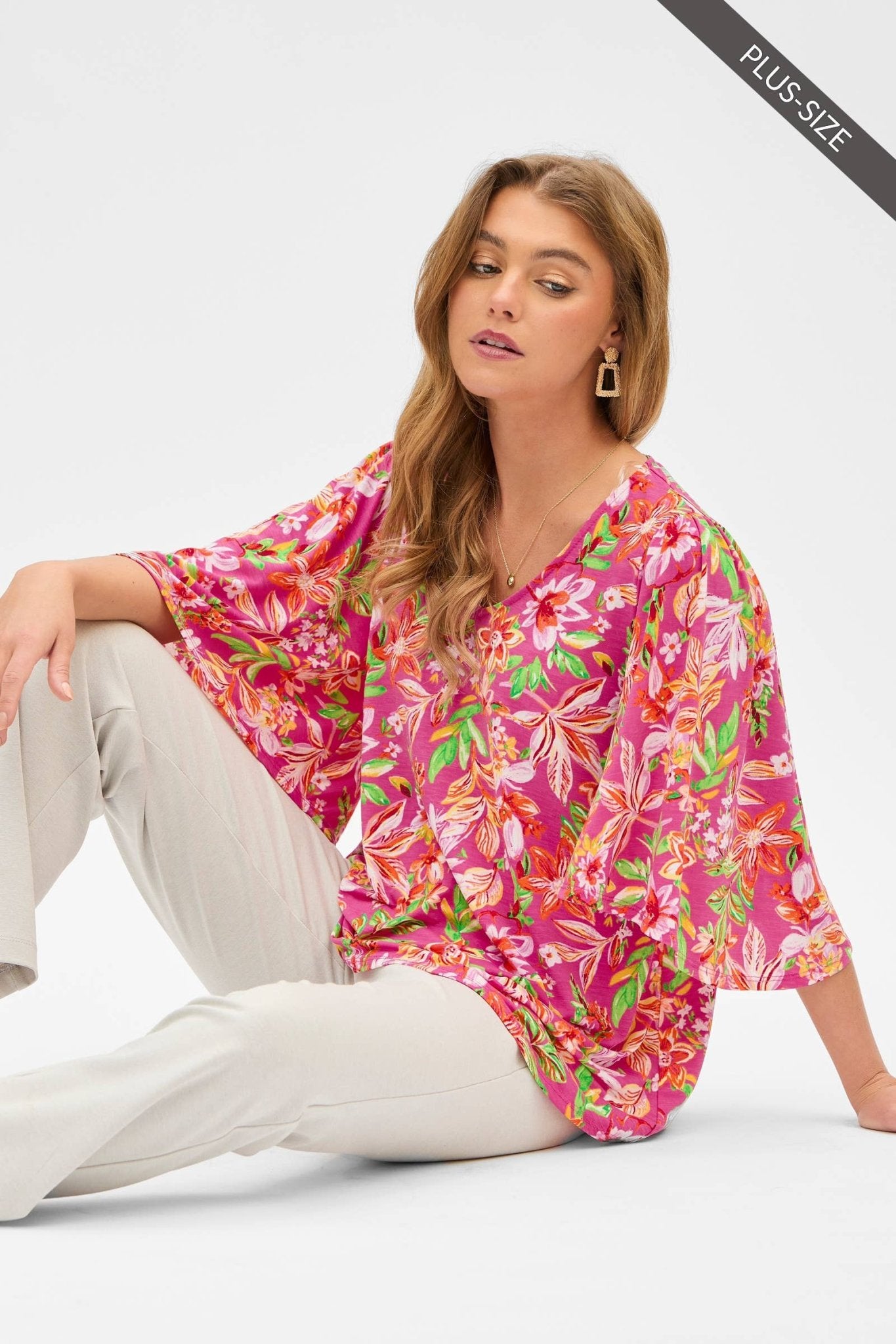 PLUS SIZE Floral Half Bell Sleeves V Neck Top in Rose Pink - The Country Rabbit Gifts & Décor